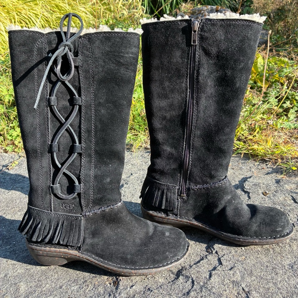 UGG Black Suede Winter Boots with Fringe and Lace Tie